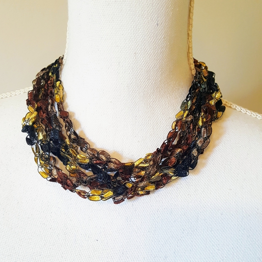 Statement Ribbon Strand Necklace Black Gold Brown NWOT